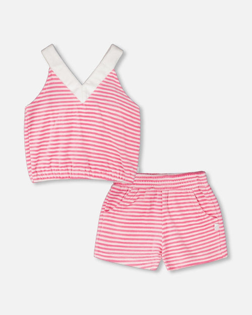 Striped Terry Cloth Top And Short Set White And Pink - H30YG10_3H122