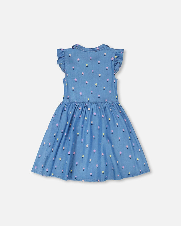 Sleeveless Button Down Dress Blue Flower Print - H30YG85_3H179