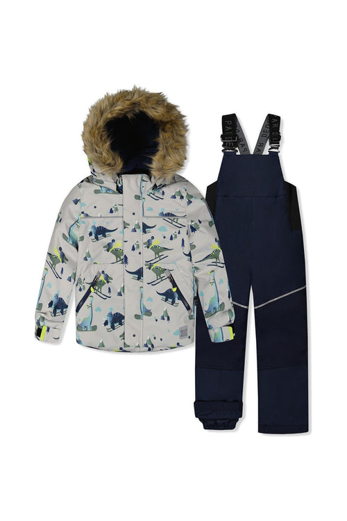 Two Piece Discover Snowsuit Grey Skiing Dinosaur Print
