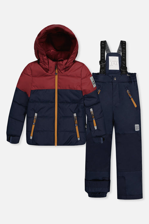 Zweiteiliger PLAY-Schneeanzug zum Spielen in Marineblau und Burgunderrot mit marineblauer Hose