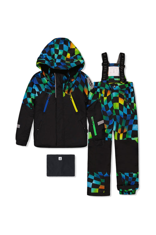 Two Piece Play Snowsuit Black Colorblock With Green Yellow And Blue Checkerboard Pants - J10PB42_09990