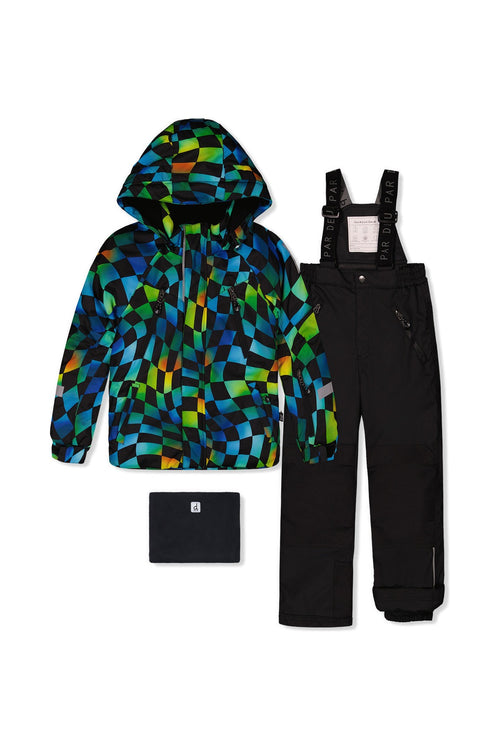 Two Piece Play Snowsuit Green Yellow And Blue Checkerboard With Black Pants - J10PB42_1J054