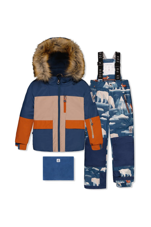 Two Piece Play Snowsuit Navy And Rust Colorblock With Blue Bear Print Pants - J10PB46_04002