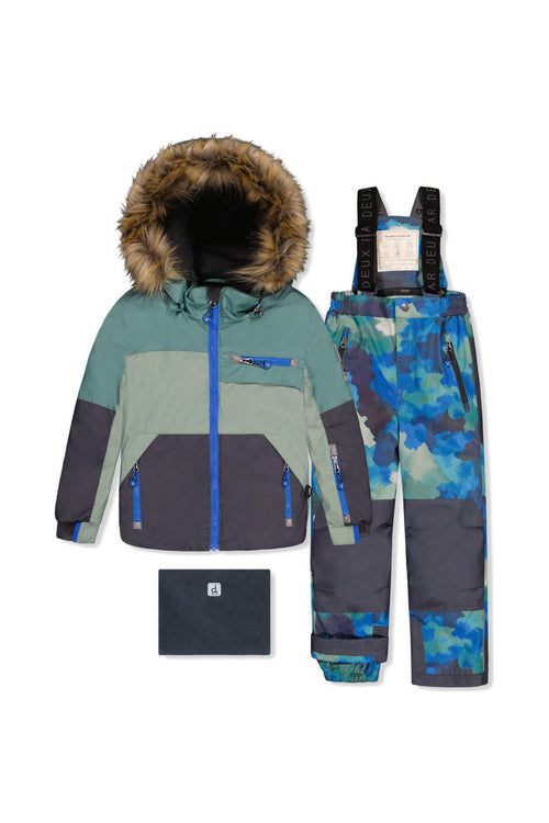Two Piece Play Snowsuit Green And Navy Colorblock With Blue Camouflage Pants - J10PB48_04760