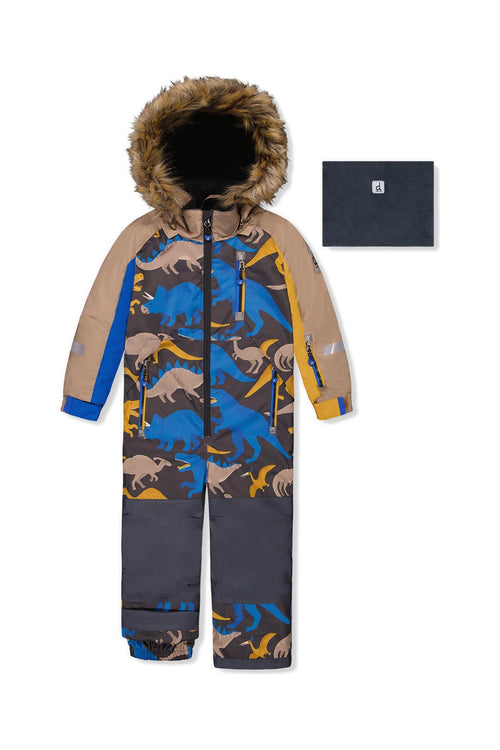 Kids One Piece Play Snowsuit Grey And Blue Dinosaur Print - J10PB74_1J057