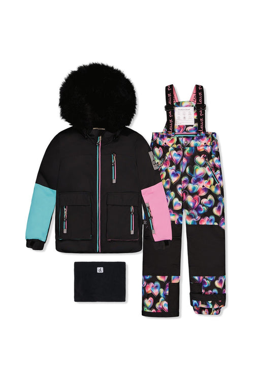 Two Piece Play Snowsuit Black, Blue And Pink Colorblock With Heart Print Pants - J10PG82_09990