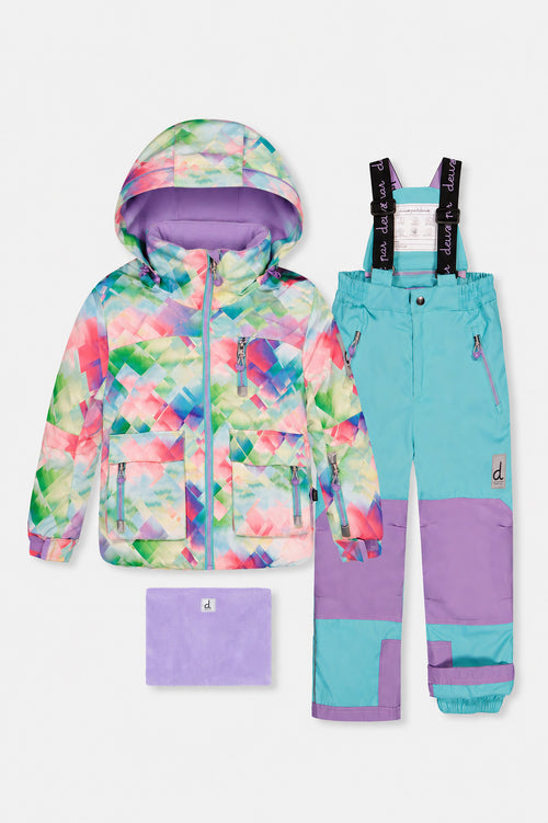 Two Piece Play Snowsuit Multicolored With A Diamond Pattern With Turquoise And Purple Pants
