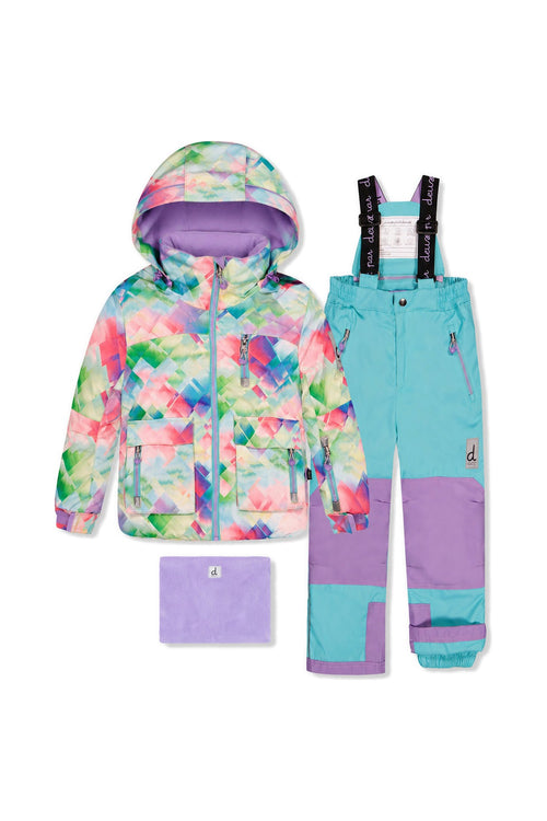 Two Piece Play Snowsuit Multicolored With A Diamond Pattern With Turquoise And Purple Pants