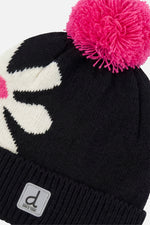 Bonnet d'hiver en tricot avec pompom noir, blanc et rose