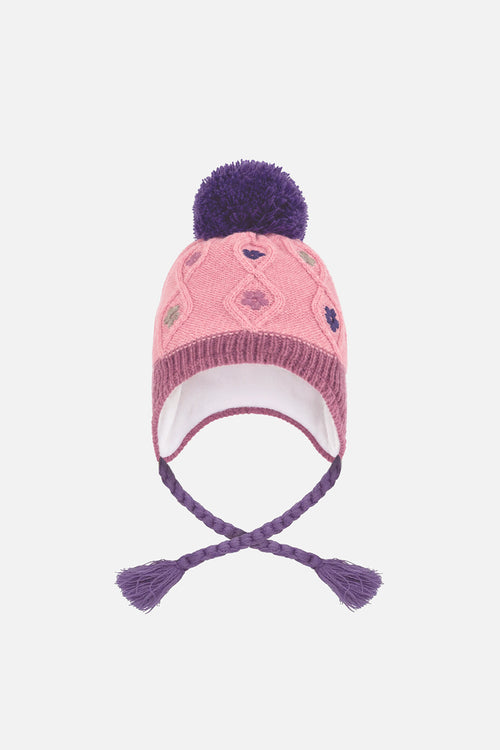 Bonnet d'hiver péruvien en tricot avec pompom rose et mauve pour bébé