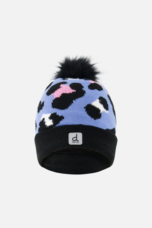 Winter Knit Hat With Pompom Blue Leopard Print - J10Z17_1J080