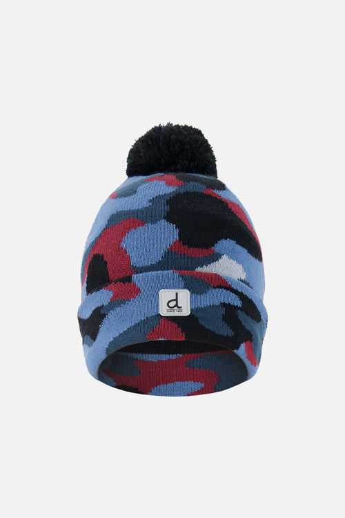 Winter Knit Hat With Pompom Blue And Red Camouflage - J10Z23_1J072