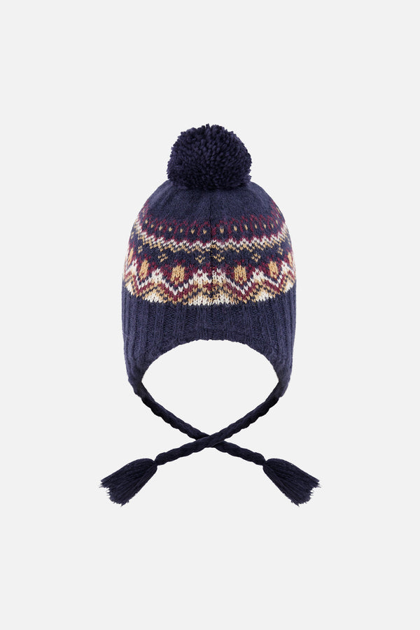 Baby Winter Peruvian Knit Hat With Pompom Blue And Red Jacquard - J10Z26B_1J073