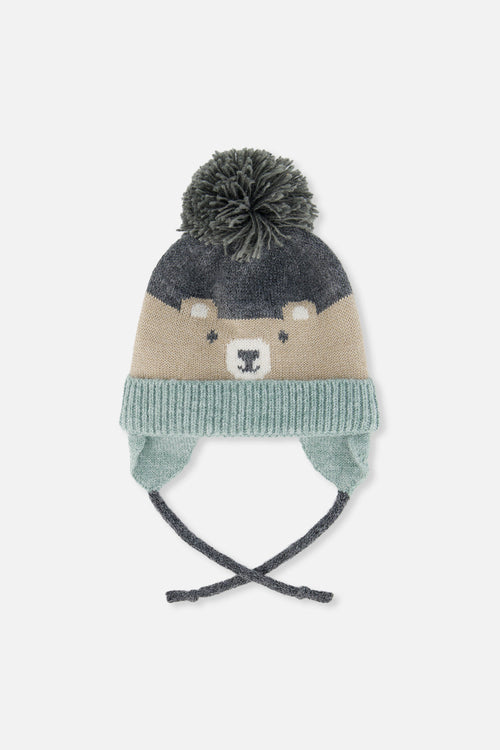 Baby Winter Knit Hat With Teddy Bear Face And Ears Beige And Turquoise - J10Z32B_1J074