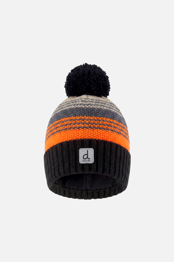 Winter Knit Hat With Pompom Grey And Orange Stripes