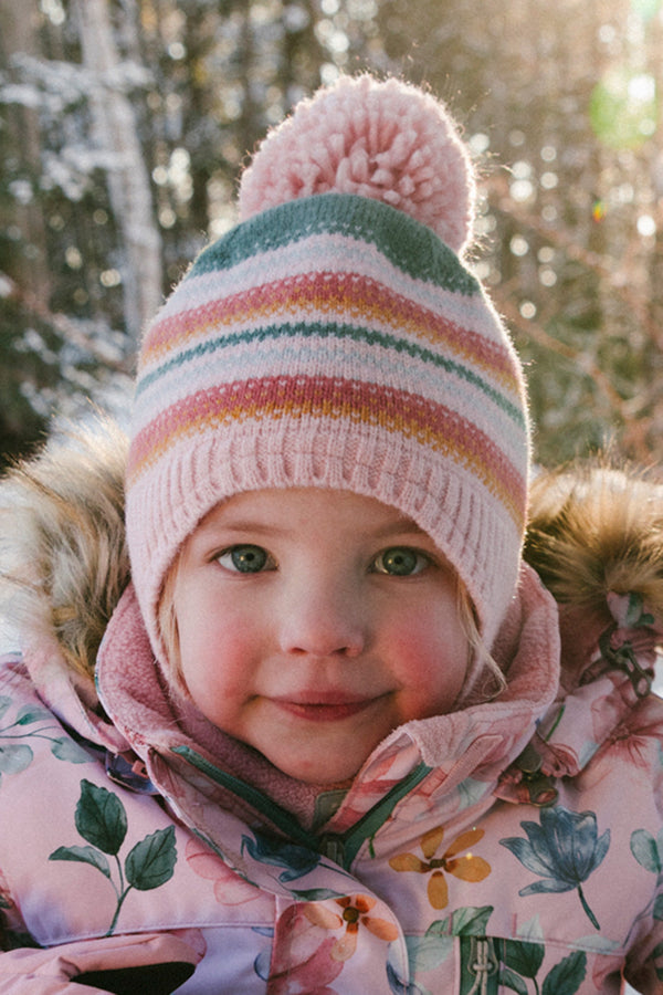 Baby Winter Peruvian Knit Hat With Pompom Pink And Green Jacquard - J10Z36B_1J081