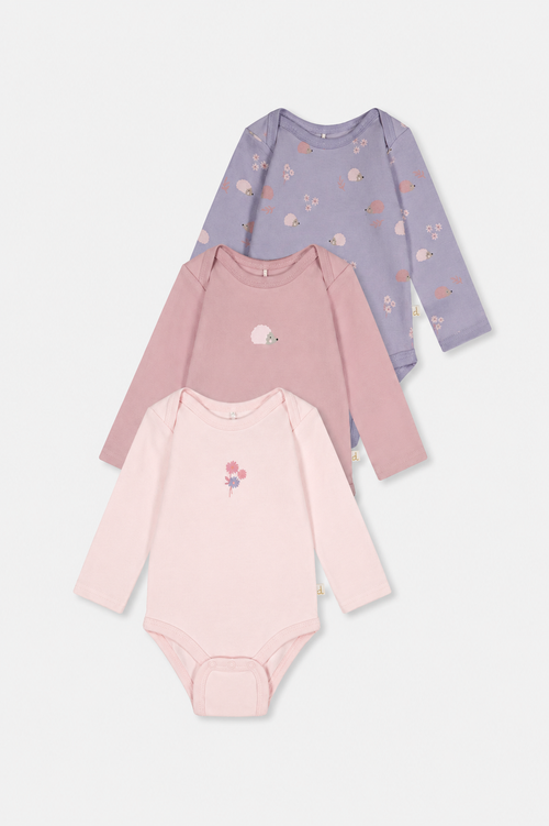 Dreierpack Body aus Bio-Baumwolle mit lila Igelprint