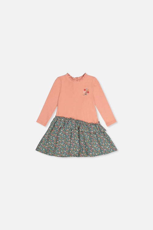 Robe bi-matière rose pâle et vert imprimé fleurs pour bébé