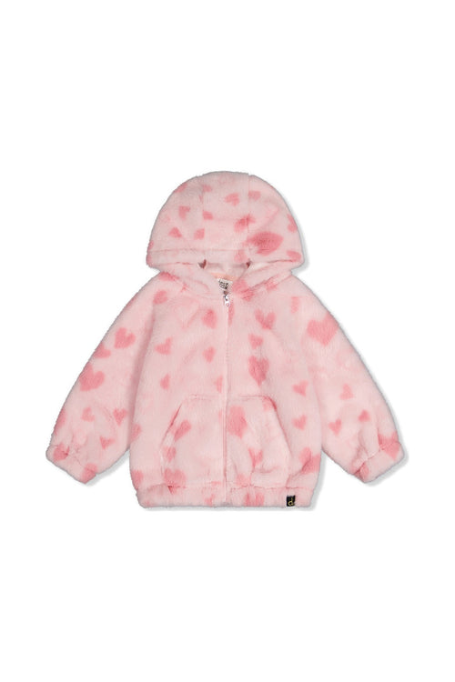 Hooded Full Zip Faux Fur Jacket Pink Printed With Hearts
