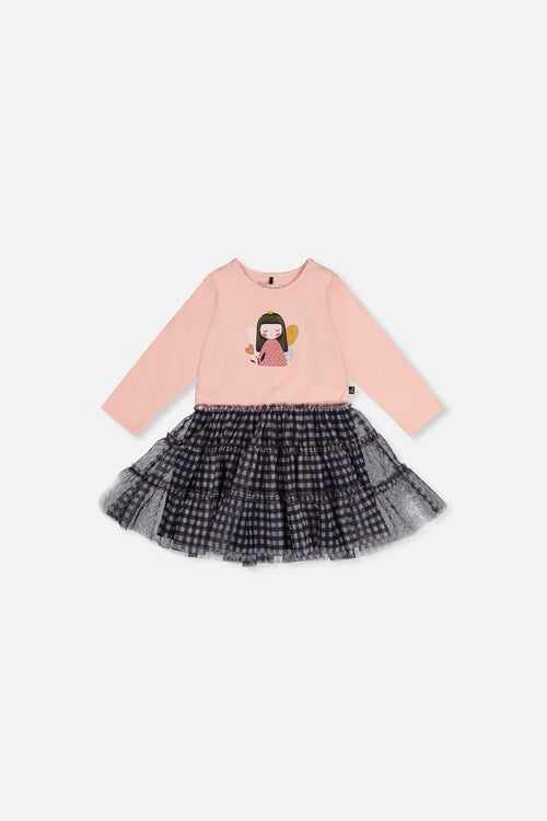 Robe bi-matière vieux rose pâle et bleu marine pour bébé
