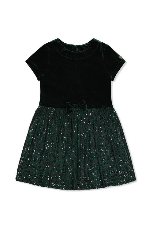 Bi-Material Short Sleeve Dress With Glittering Skirt Green Forest - J20OG90_03930