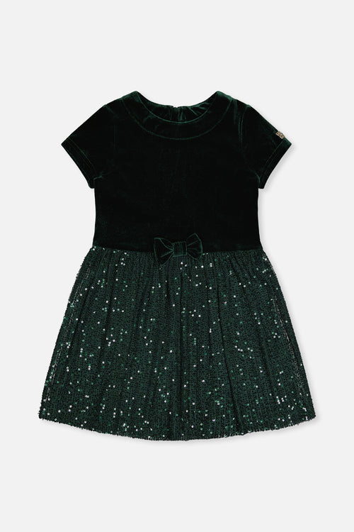 Bi-Material Short Sleeve Dress With Glittering Skirt Green Forest - J20OG90_03930
