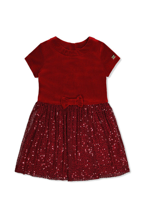 Bi-Material Short Sleeve Dress With Glittering Skirt Red - J20OG90_07750