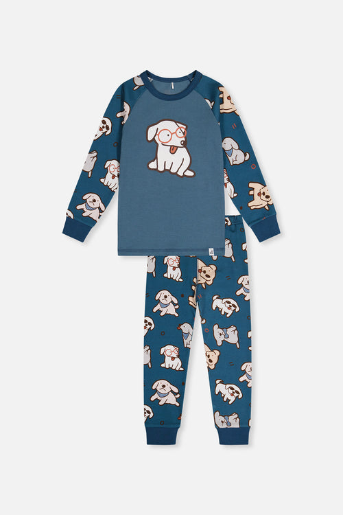 Organic Cotton Two Piece Pajama Set Turquoise Dog Print - J20PB10US_2J226