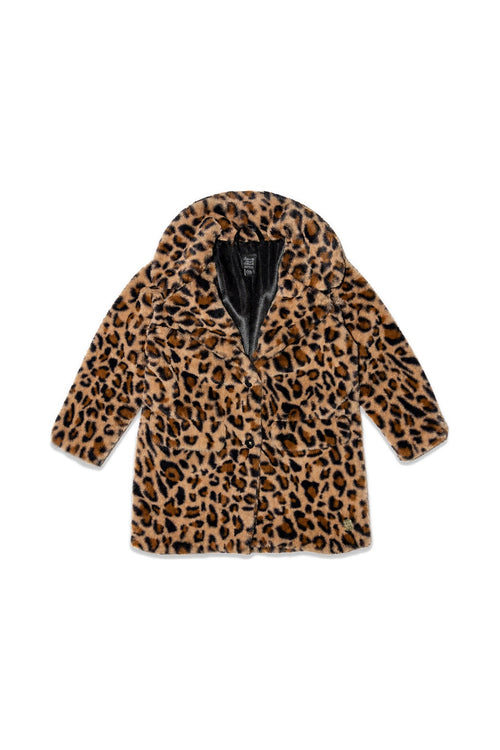 Faux Fur Long Coat Brown Leopard Print