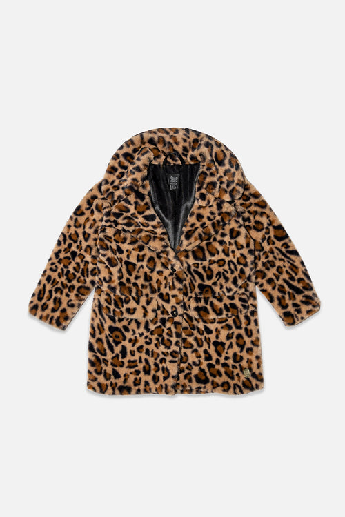 Faux Fur Long Coat Brown Leopard Print