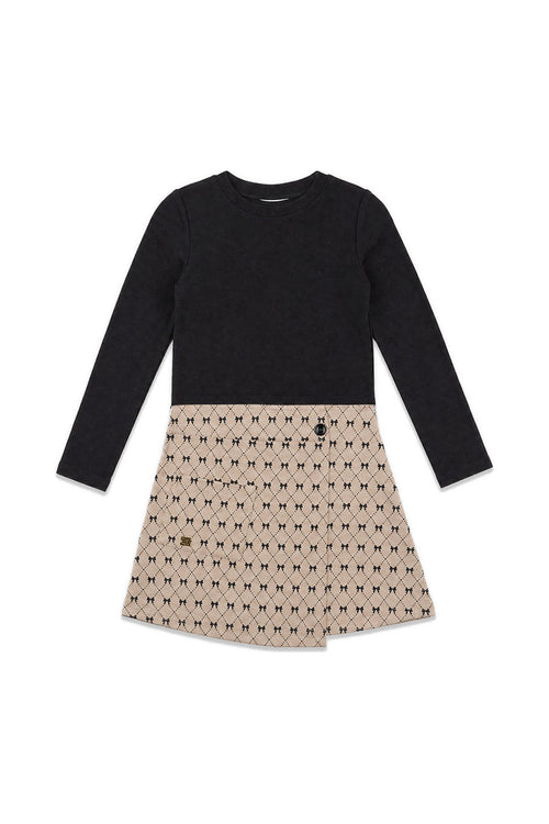 Kleid aus zwei Materialien mit schwarzem und beigefarbenem Fliege-Muster