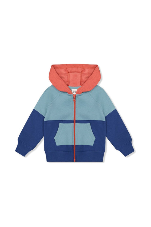 Baby-Fleecejacke mit durchgehendem Reißverschluss und Kapuze in Blau, Türkis und Orange