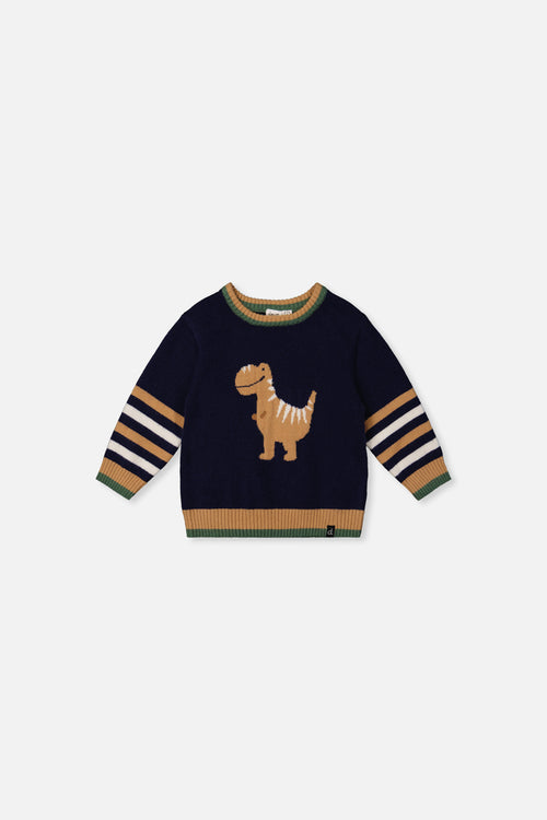 Baby Knit Sweater With Intarsia Dark Blue, Brown And Beige