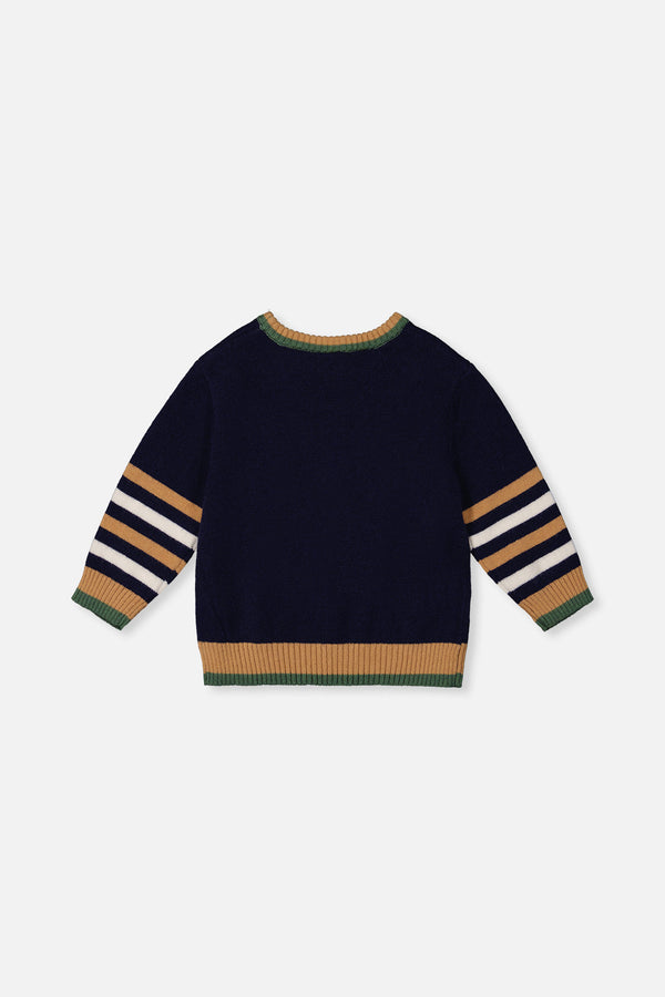 Knit Sweater With Intarsia Dark Blue, Brown And Beige - J20TT30_04810