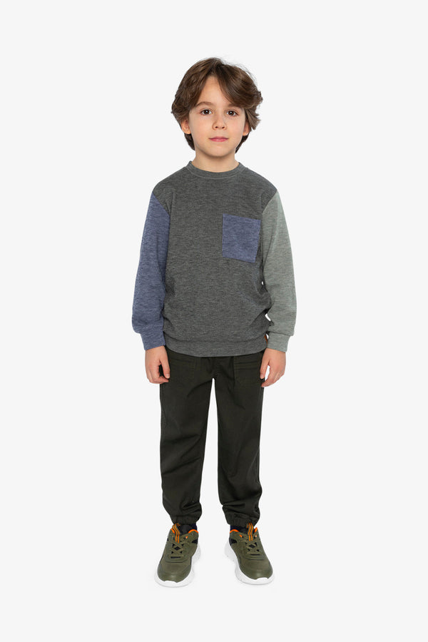Colorblock Brushed Jersey Top With Chest Pocket Grey Brown - J20U10_09830
