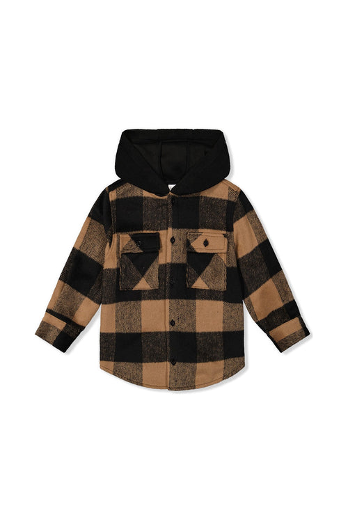Flannel Shirt With Fleece Hood Brown And Black Plaid - J20U19_2J272