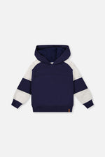 Hooded Striped Fleece Cardigan Dark Blue And Beige - J20U31_04810