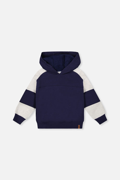 Hooded Striped Fleece Cardigan Dark Blue And Beige - J20U31_04810