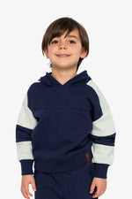 Hooded Striped Fleece Cardigan Dark Blue And Beige - J20U31_04810