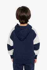 Hooded Striped Fleece Cardigan Dark Blue And Beige - J20U31_04810
