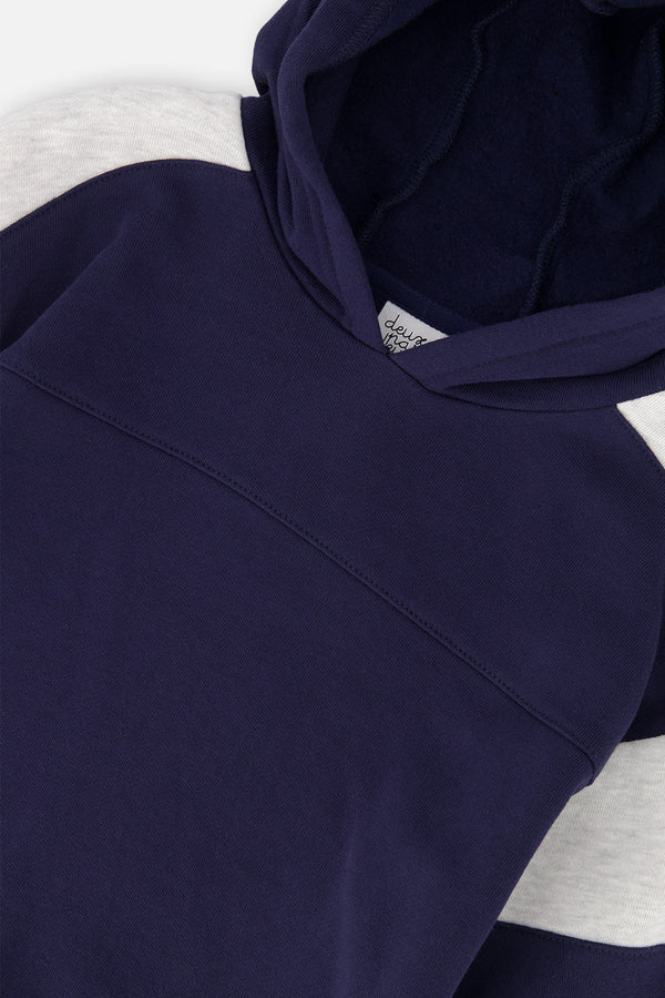 Hooded Striped Fleece Cardigan Dark Blue And Beige - J20U31_04810