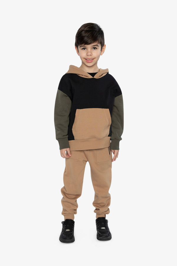 Hooded Colorblock Fleece Cardigan Black, Green And Beige - J20U32_09990