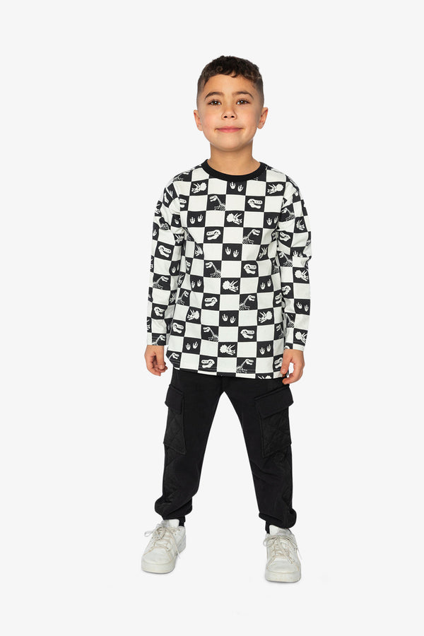 Organic Cotton Long Sleeve T-Shirt Black And White Checker - J20U70_2J059