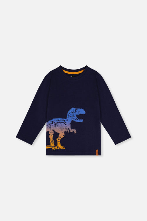 Long Sleeve Organic Cotton T-Shirt Dark Blue And Orange - J20U74_04810