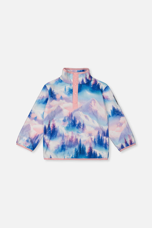 Veste mi-saison en polaire à enfiler bleu et rose imprimé montagnes