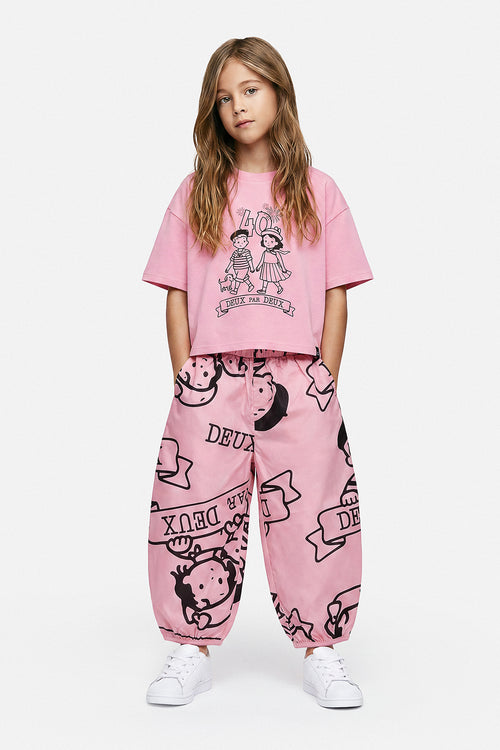 Pantalon en popeline imprimée 40e anniversaire rose tendre