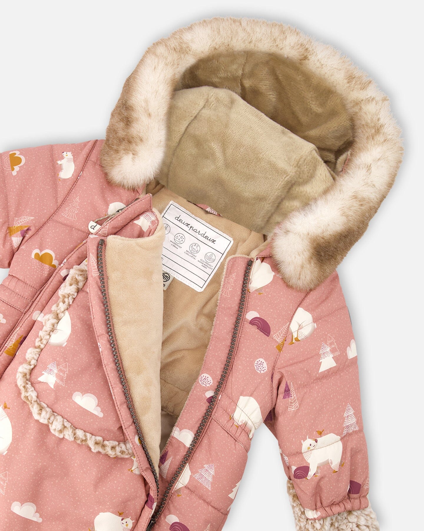 One Piece Baby Car Seat Snowsuit Ancient Rose With Bear Print Snowsuits Deux par Deux 