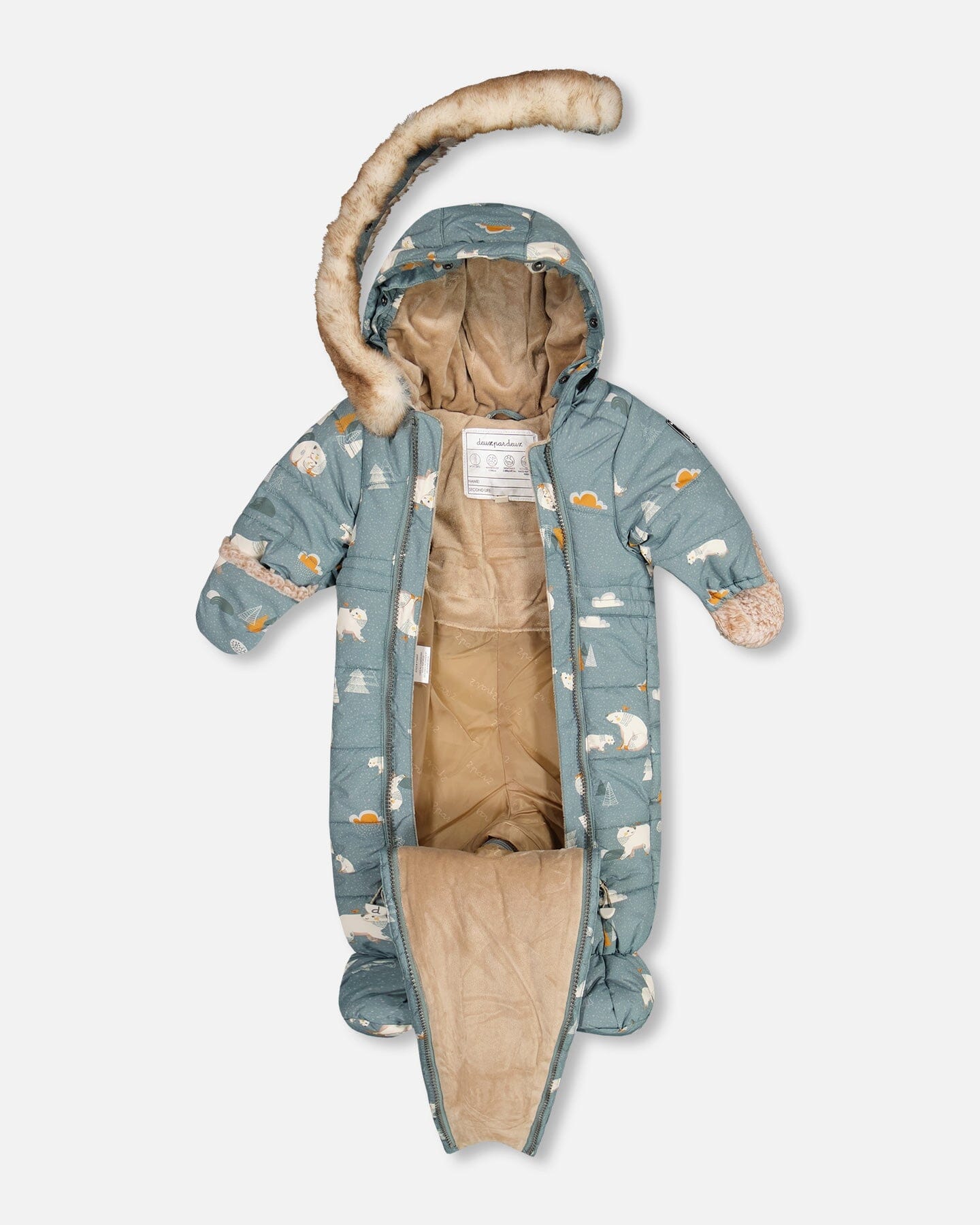 One Piece Baby Car Seat Snowsuit Verdigris With Bear Print Snowsuits Deux par Deux 