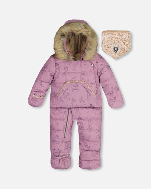 One Piece Baby Car Seat Snowsuit With Lilac Forest Friends Print Snowsuits Deux par Deux 