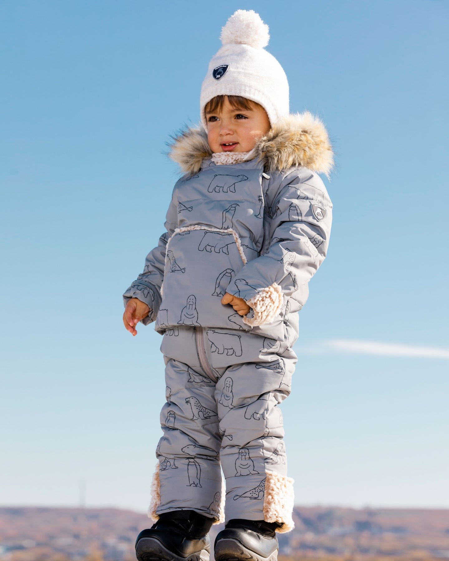 One Piece Baby Car Seat Snowsuit With Grey Arctic Friends Print Snowsuits Deux par Deux 